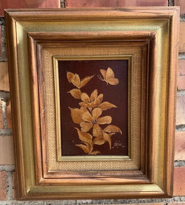 SMALL VINTAGE OIL PAINTING OF BRONZE TONE FLOWERS AND BUTTERFLY classic mural painting