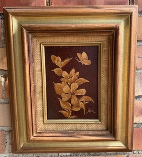 SMALL VINTAGE OIL PAINTING OF BRONZE TONE FLOWERS AND BUTTERFLY classic mural painting