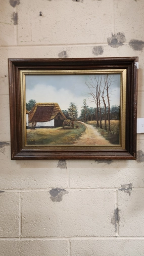 SMALL WALNUT FRAMED OIL PAINTING OF A THATCHED ROOF BARN classic mural painting