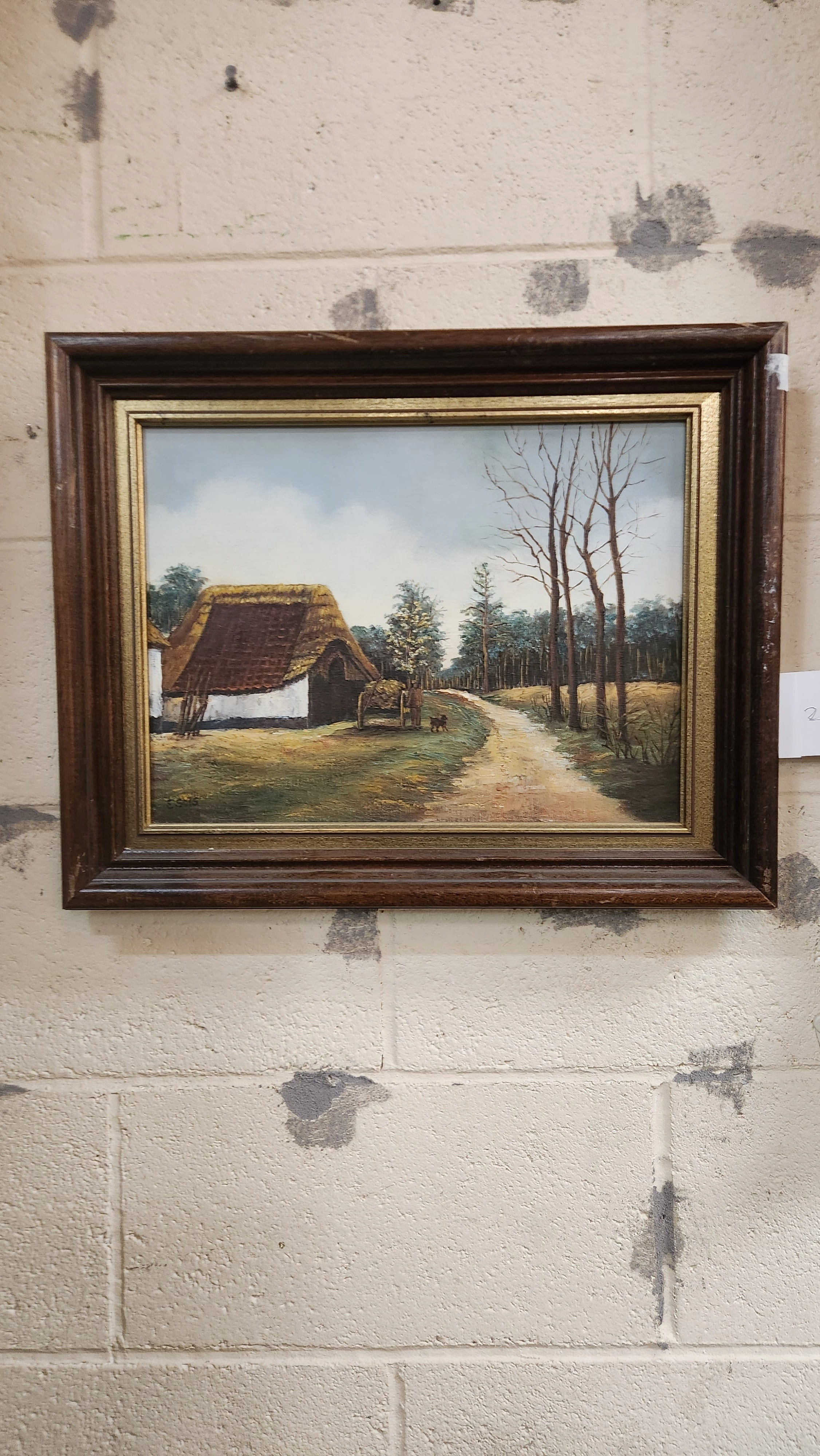 SMALL WALNUT FRAMED OIL PAINTING OF A THATCHED ROOF BARN classic mural painting