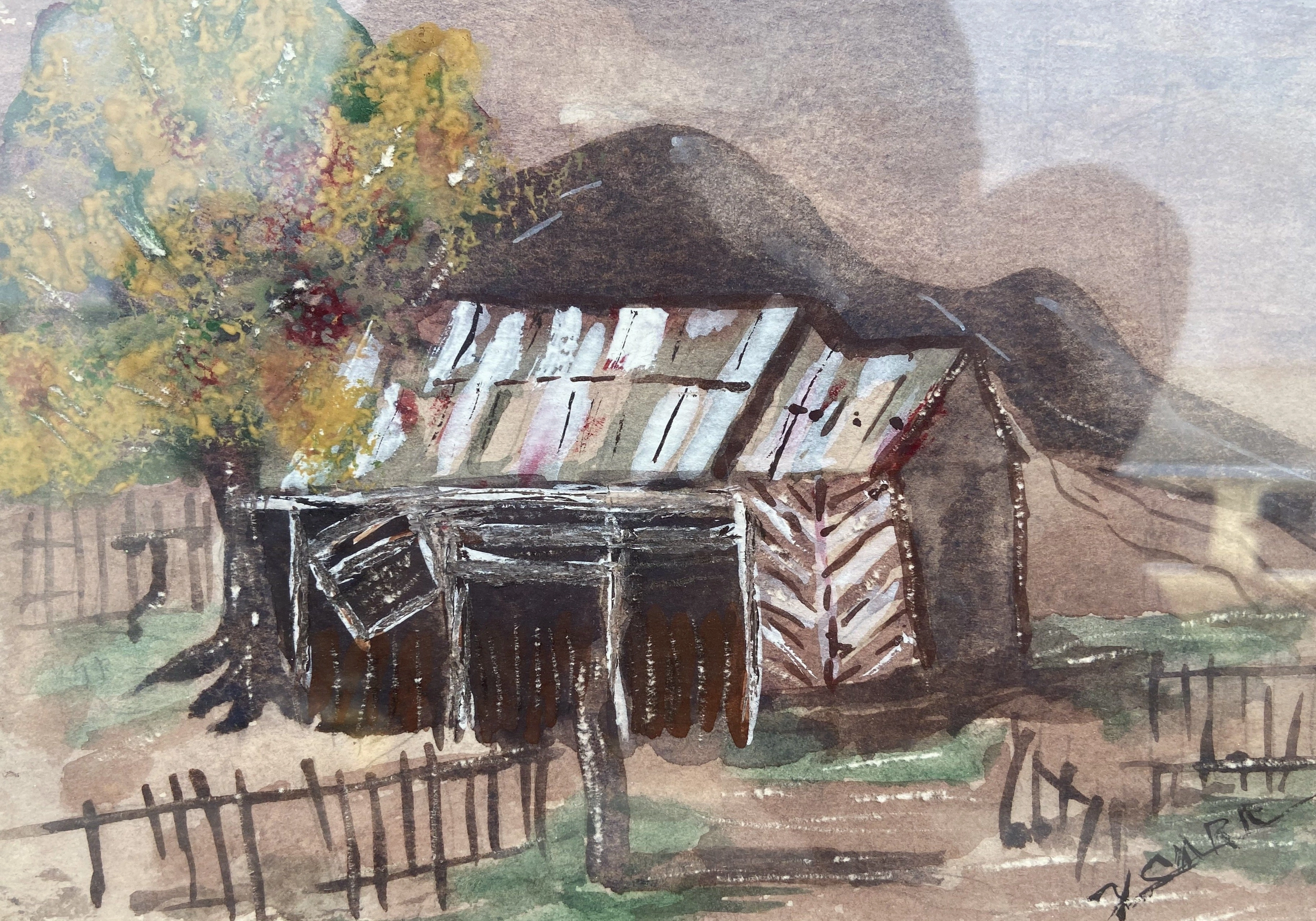 SMALL WATERCOLOR OF DELAPIDATED BARN SIGNED BY Y. CARR