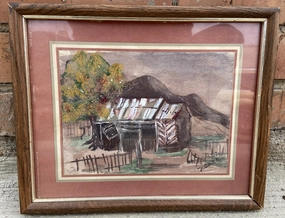 SMALL WATERCOLOR OF DELAPIDATED BARN SIGNED BY Y. CARR classic mural painting