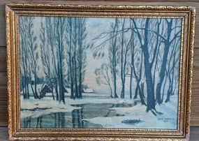SMALL WINTER LANDSCAPE OIL PAINTING BY RUTH FRANKLIN classic mural painting