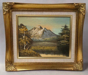 SNOW CAPPED MOUNTAIN OIL PAINTING IN GOLD FRAME classic mural painting