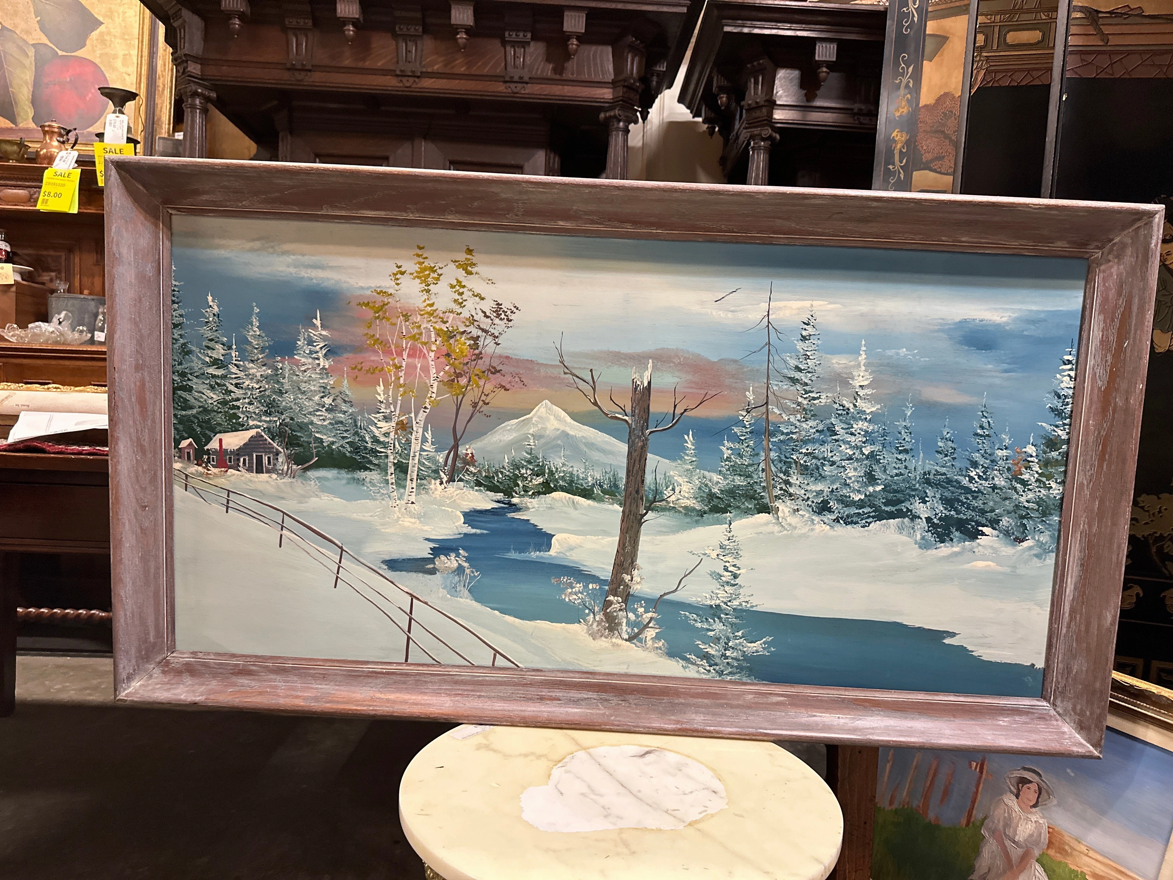 SNOWY STREAM PAINTING WITH OAK FRAME classic mural painting