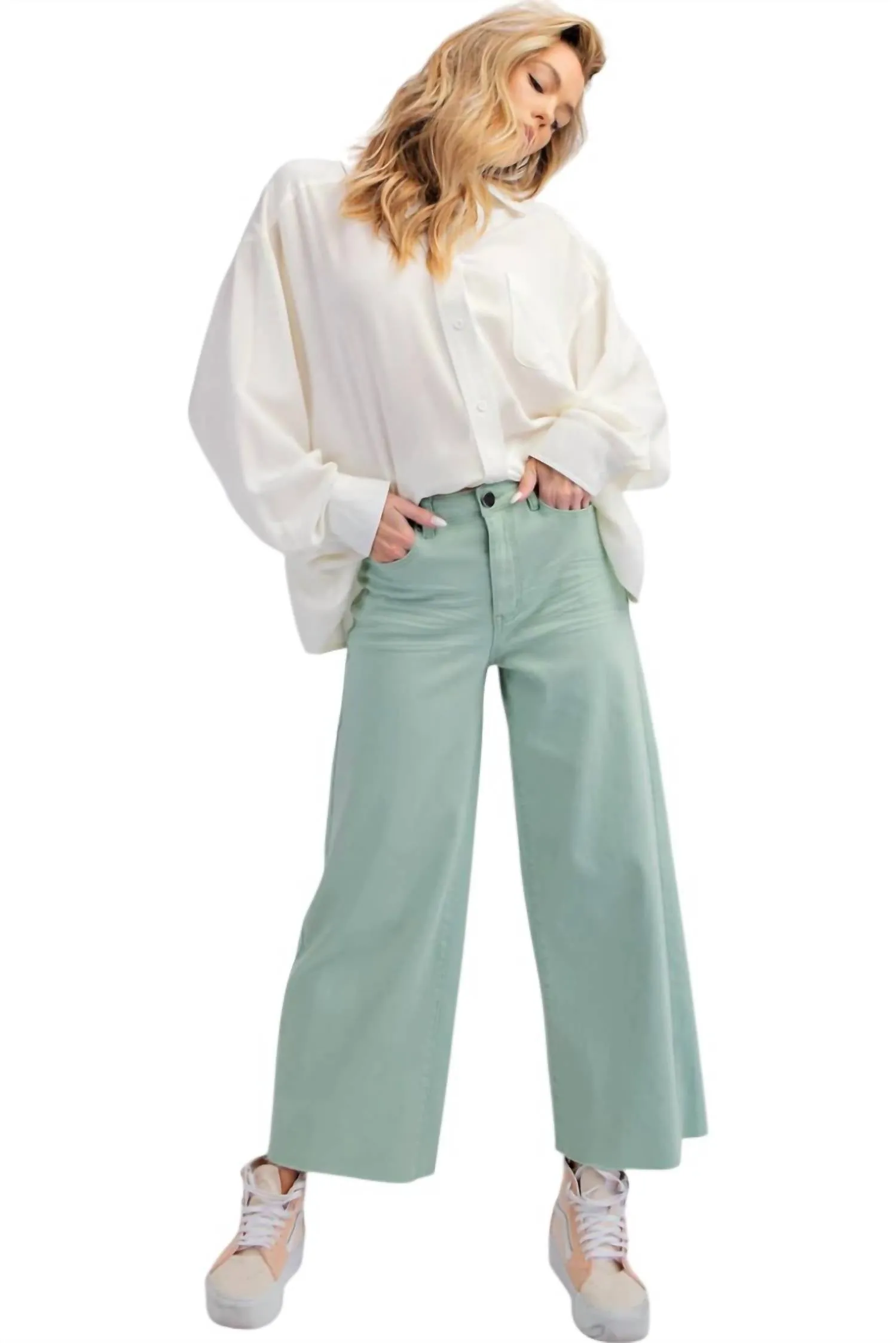 Weiche Stretch-Hochwaist-Hosen in Minz-Salbei