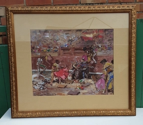 SPANISH BULL FIGHT AFTERMATH OIL PAINTING FRAMED WITH GLASS classic mural painting