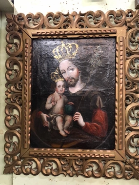 SPANISH COLONIAL SAINT OIL PAINTING WITH JESUS IN PIERCE CARVED FRAME classic mural painting