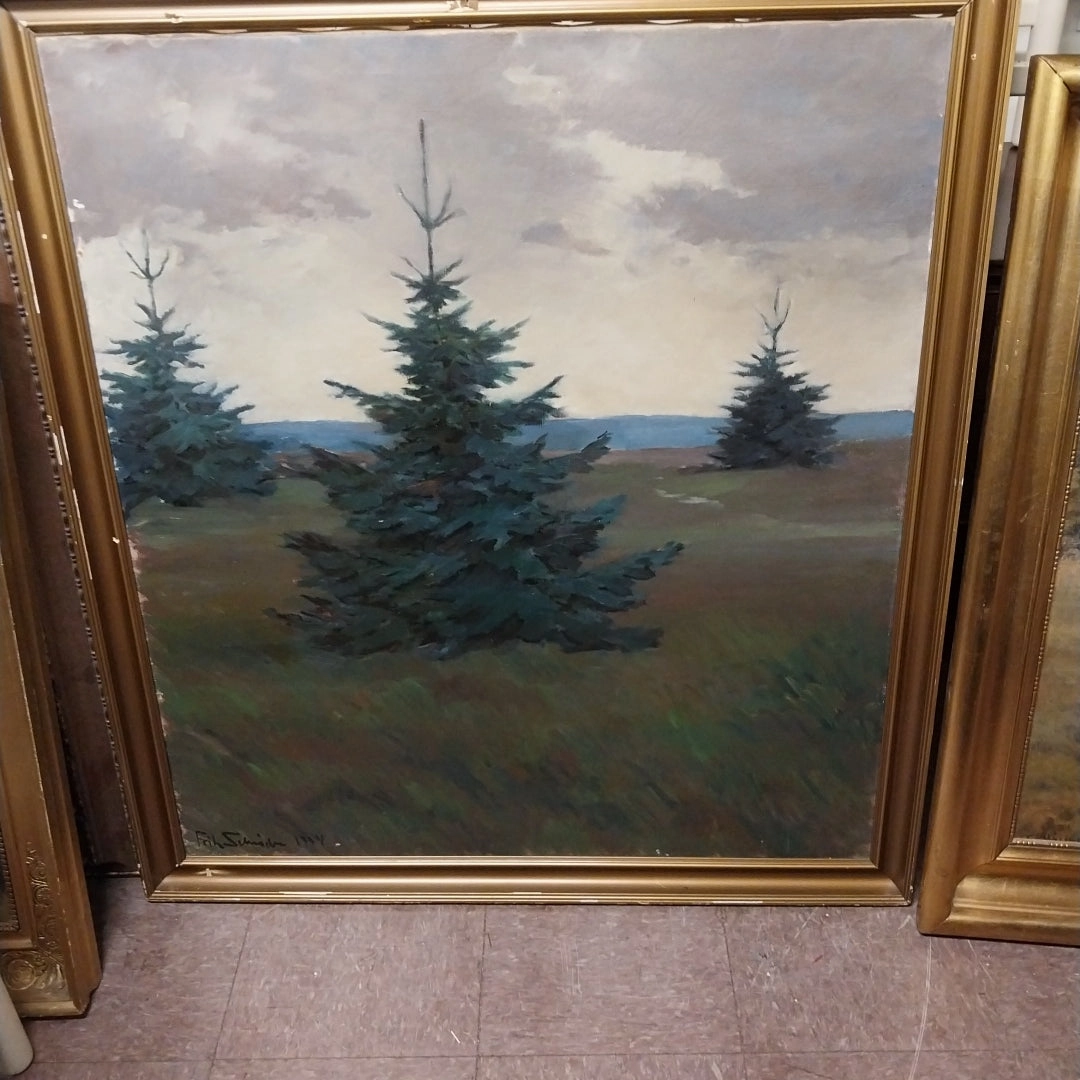 SPRUCE TREE IN A MEADOW OIL PAINTING ON CANVAS