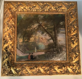 SQUARE SIGNED OIL PAINTING OF PEOPLE IN A HILLSIDE PARK classic mural painting