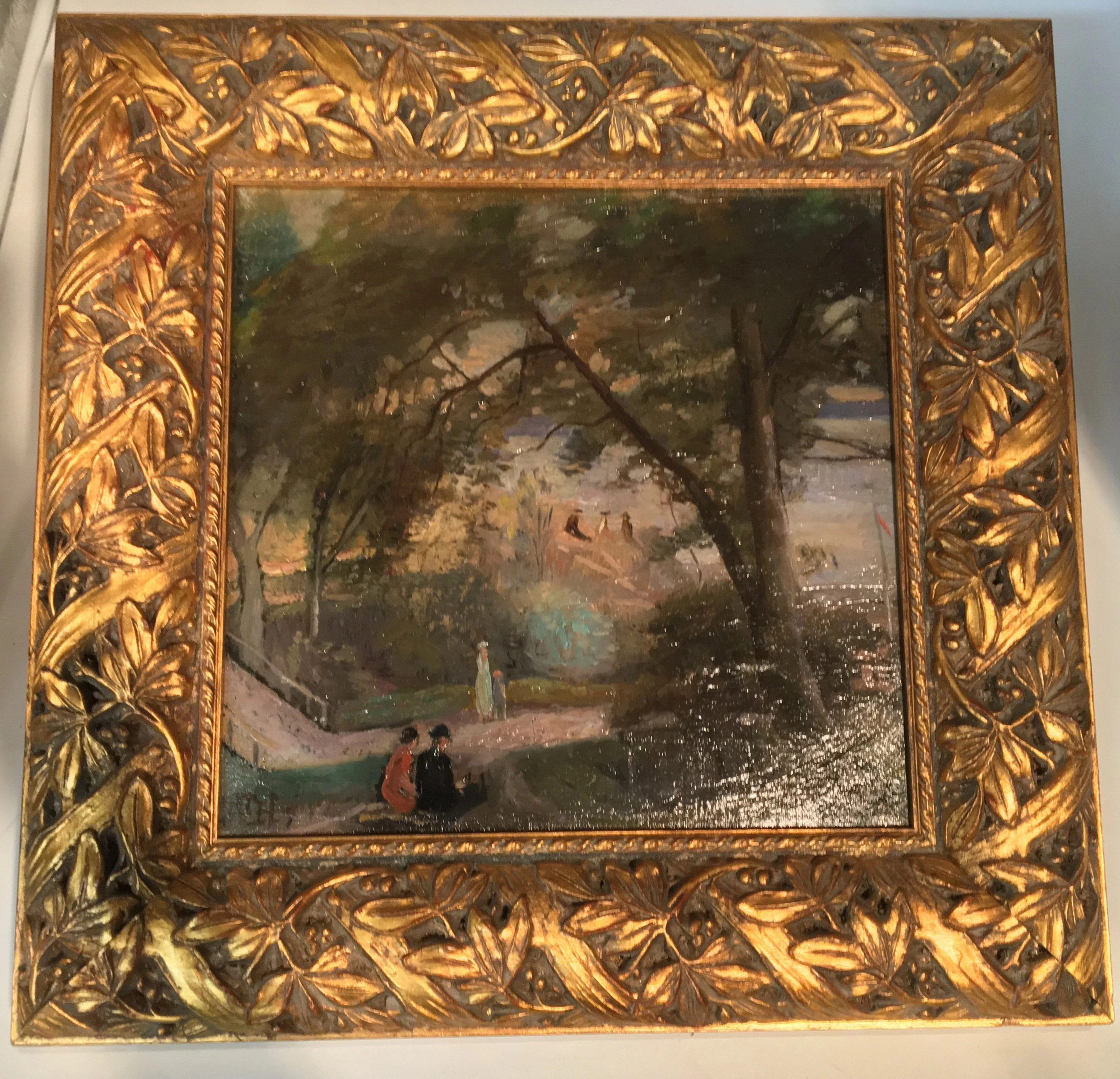 SQUARE SIGNED OIL PAINTING OF PEOPLE IN A HILLSIDE PARK classic mural painting