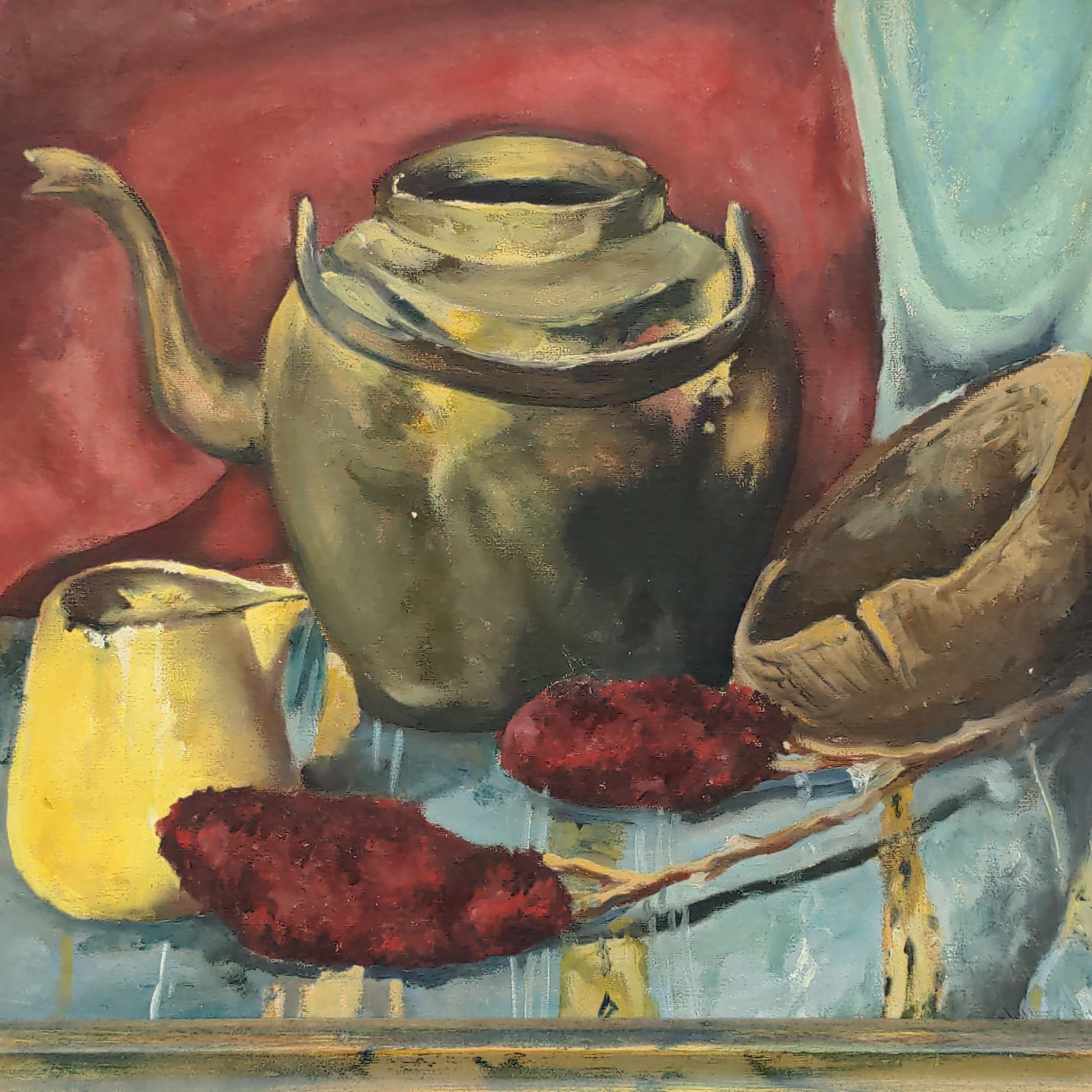 STILL LIFE OIL PAINTING OF A KETTLE IN GREEN FRAME