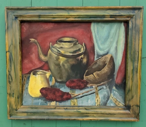 STILL LIFE OIL PAINTING OF A KETTLE IN GREEN FRAME classic mural painting