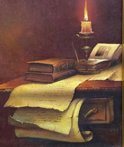 STILL LIFE OIL PAINTING OF DESK TOP