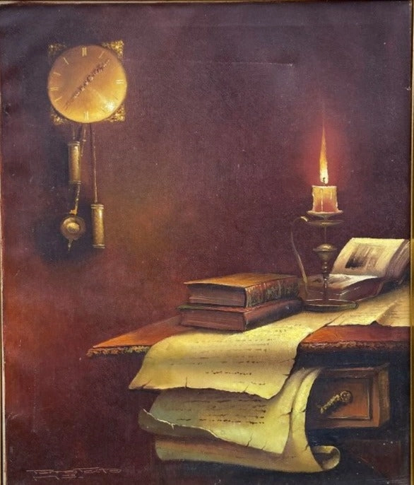 STILL LIFE OIL PAINTING OF DESK TOP