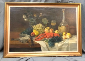 STILL LIFE OIL PAINTING ON CANVAS WITH LOBSTER, FOWL AND FRUIT classic mural painting
