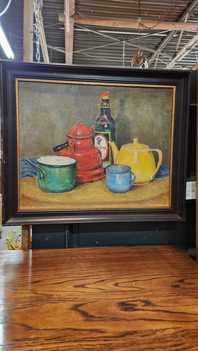 STILL LIFE  OIL PAINTING WITH ENAMELWARE SIGNED ZOON classic mural painting