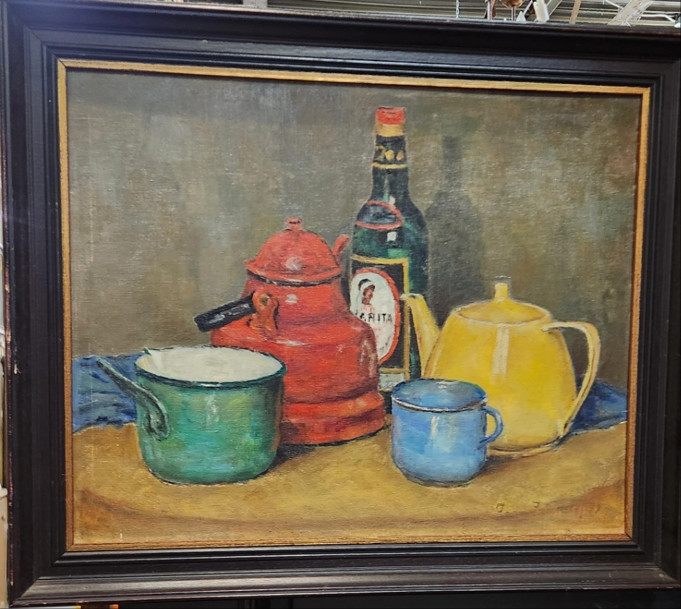 STILL LIFE  OIL PAINTING WITH ENAMELWARE SIGNED ZOON