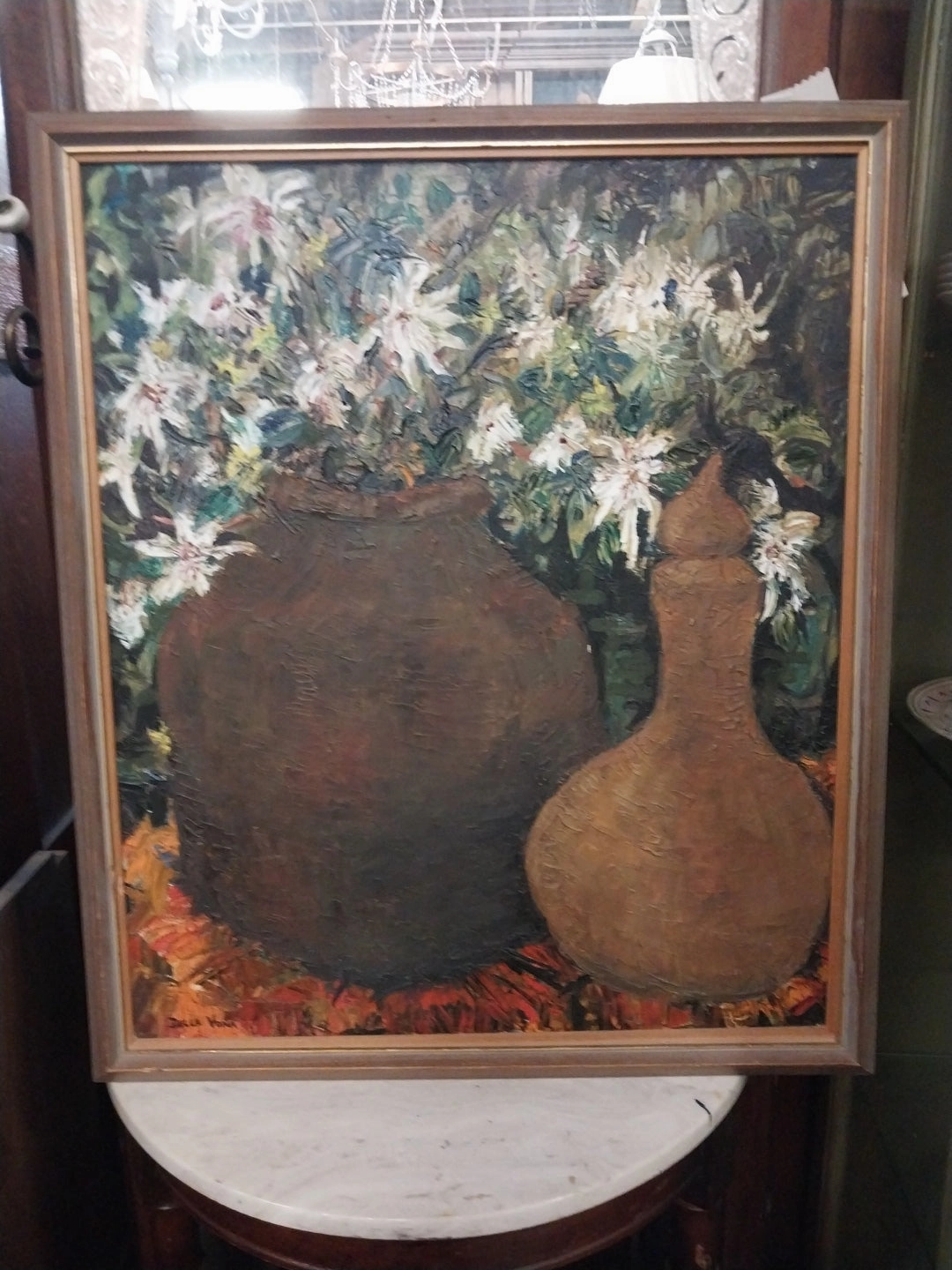 STILL LIFE OIL PAINTING WITH POTTERY VESSELS WITH WHITE LILIE BY DELLA VONA