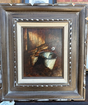 STILL LIFE PAINTING OF BUCKET WITH FLOWERS classic mural painting