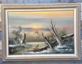SUNSET ON LAKE WITH PHEASANTS OIL PAINTING classic mural painting