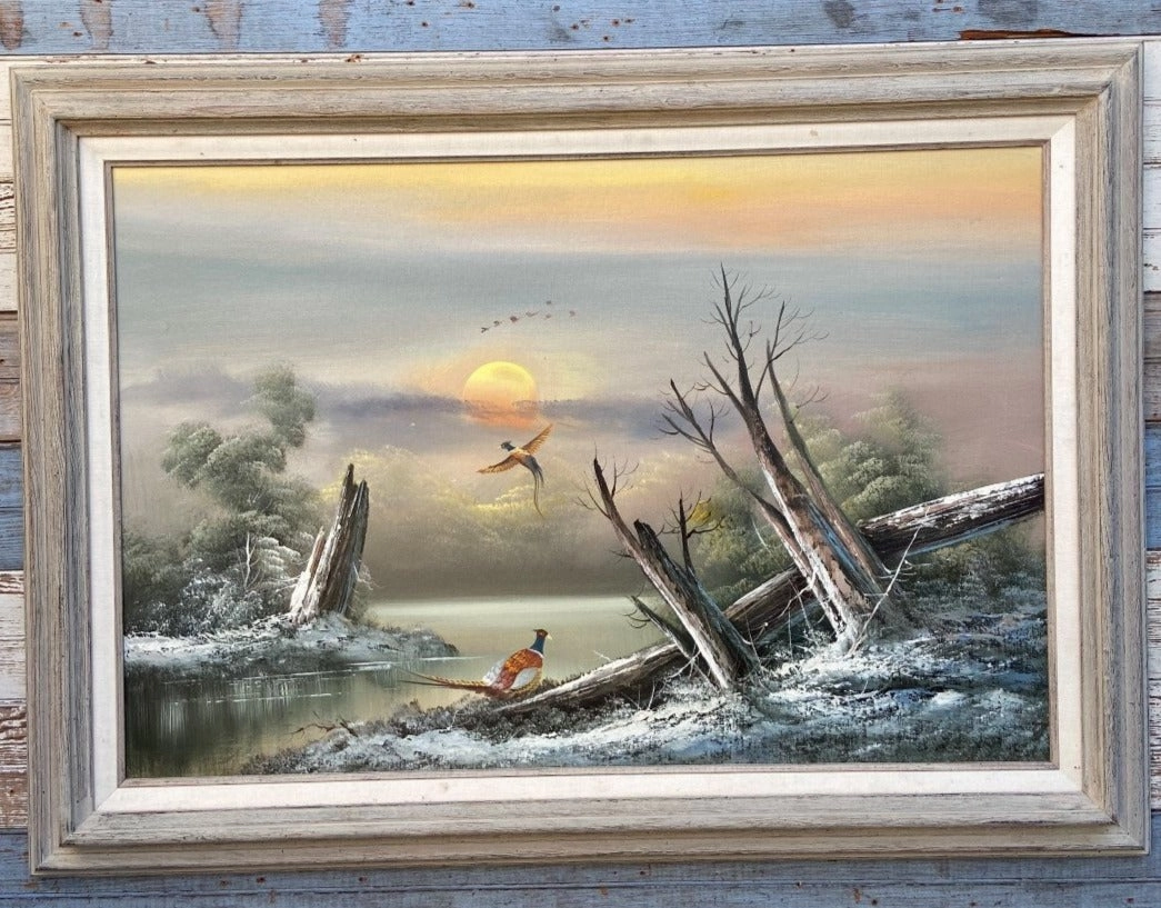 SUNSET ON LAKE WITH PHEASANTS OIL PAINTING classic mural painting