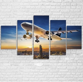 Super Aircraft over City at Sunset Multiple Canvas Poster canvas mural art