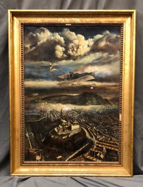 SURREAL BIPLANE OVER PARIS OIL PAINTING ON CANVAS classic mural painting