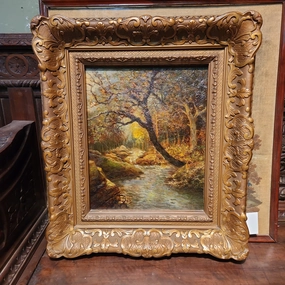 SYLVAN BROOK VERTICAL PAINTING ON CANVAS IN ORNATE GILT FRAME classic mural painting