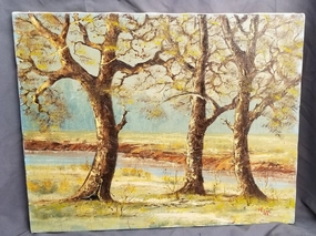 SYLVAN RIVER LANDSCAPE OIL PAINTING ON CANVAS BY FAIN 1982 - FRAMED classic mural painting