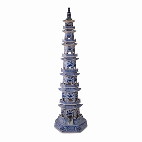 Tall Blue and White Porcelain 7 Layers Pagoda Statue home display ornament
