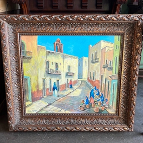 TAXCO MEXICO STREET SCENE WITH LADY VENDORS PAINTING classic mural painting