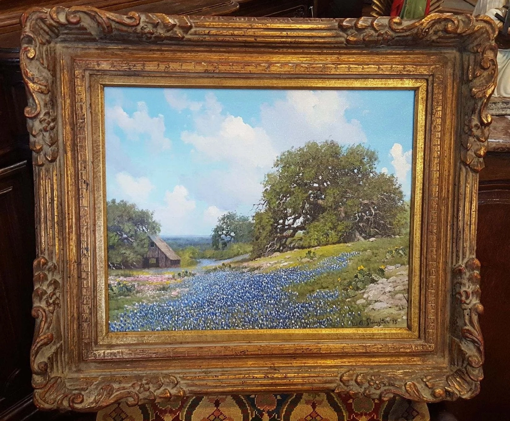 TEXAS BLUEBONNET OIL PAINTING BY WA SLAUGHTER classic mural painting