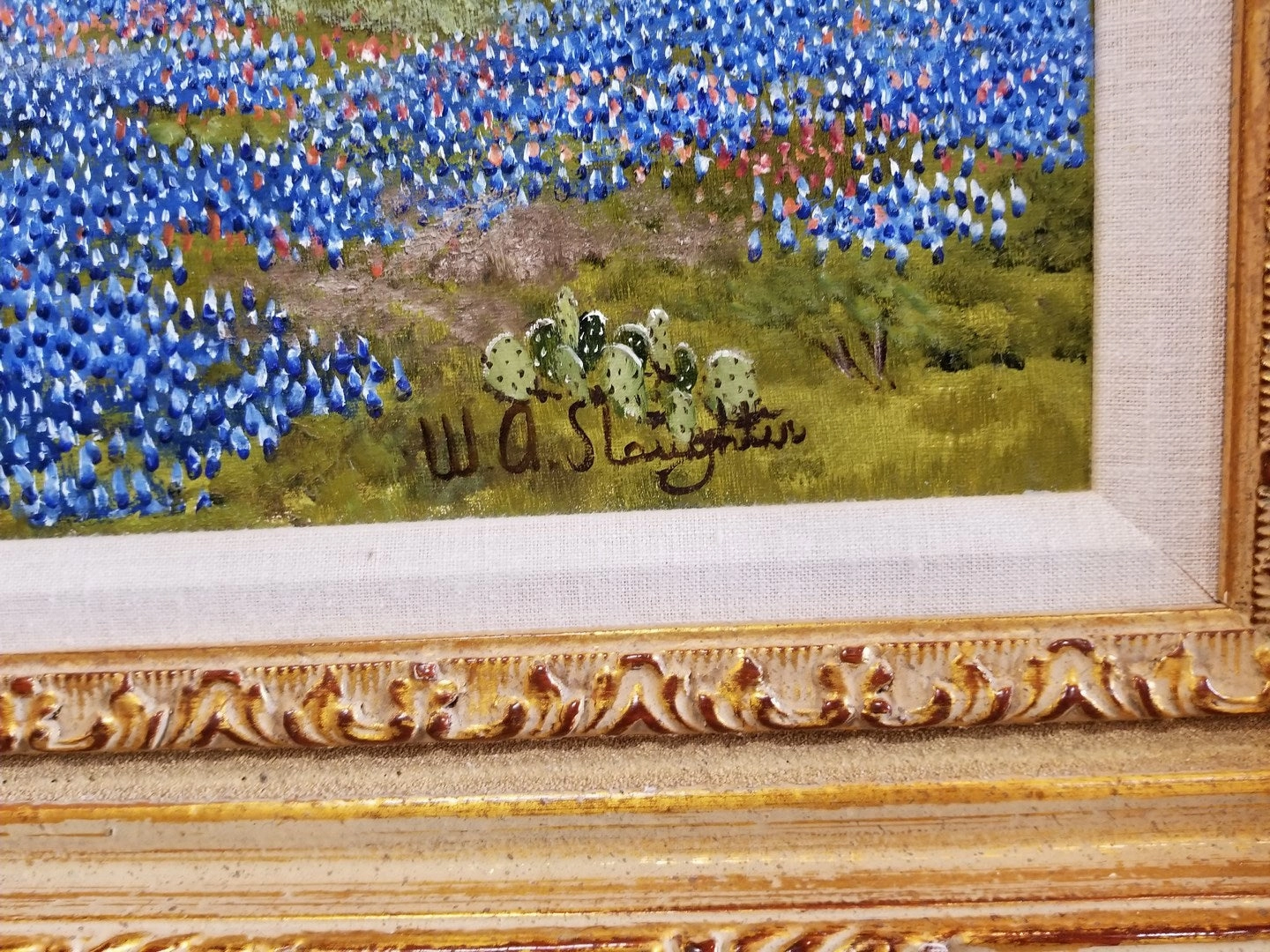 TEXAS BLUEBONNET WITH BARN OIL PAINTING BY WA SLAUGHTER