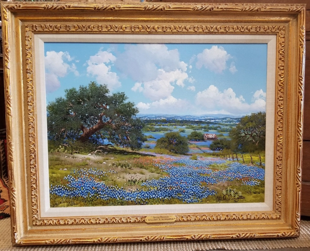 TEXAS BLUEBONNET WITH BARN OIL PAINTING BY WA SLAUGHTER classic mural painting