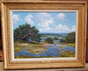 TEXAS BLUEBONNET WITH BARN OIL PAINTING BY WA SLAUGHTER classic mural painting