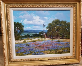 TEXAS BLUEBONNET WITH WINDMILL OIL PAINTING BY WA SLAUGHTER classic mural painting