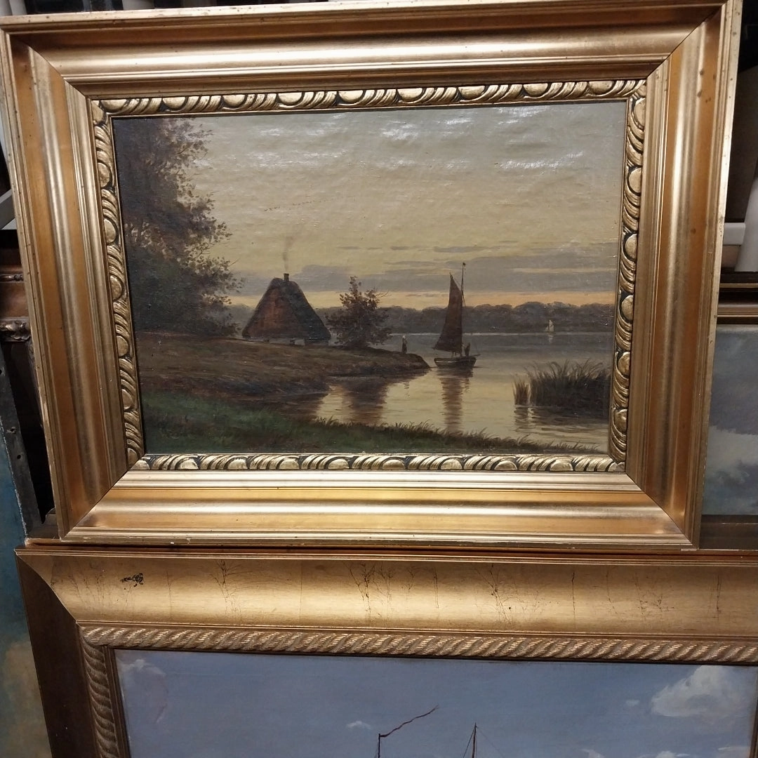 THATCH ROOF HOUSE BY A LAKE OIL PAINTING