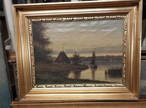 THATCH ROOF HOUSE BY A LAKE OIL PAINTING classic mural painting