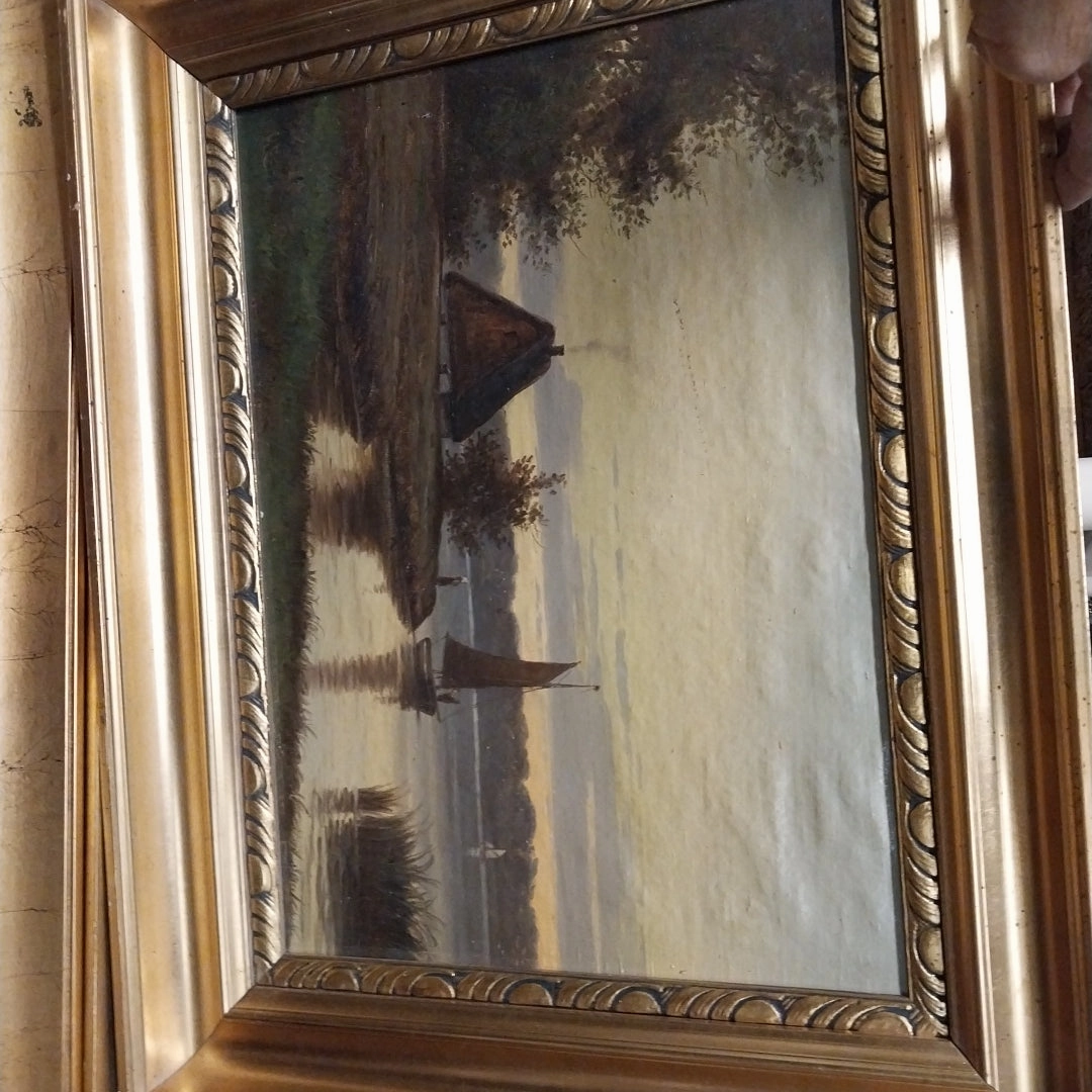 THATCH ROOF HOUSE BY A LAKE OIL PAINTING