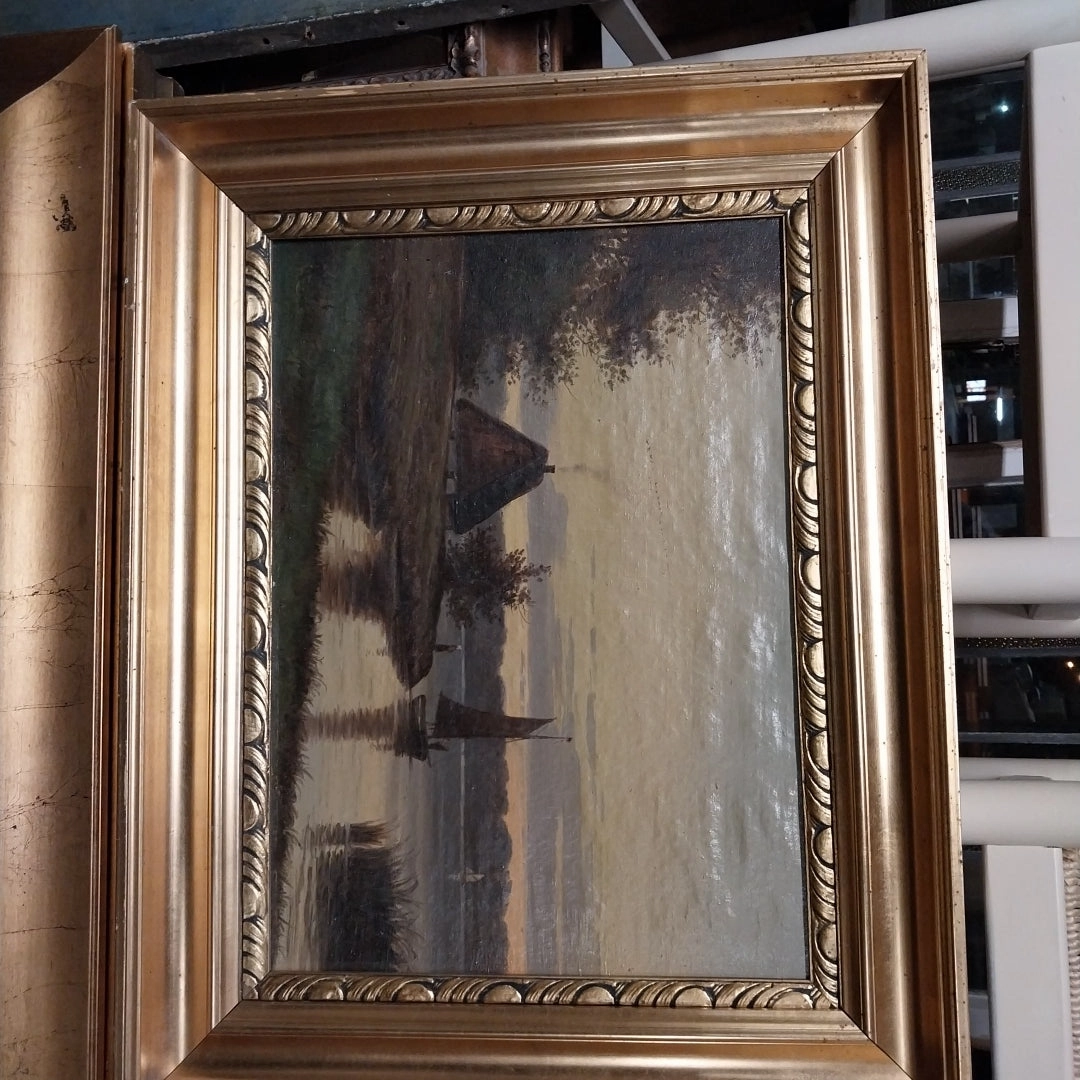 THATCH ROOF HOUSE BY A LAKE OIL PAINTING