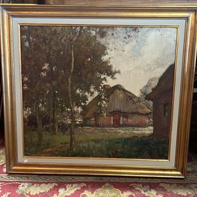 THATCHED COTTAGE OIL PAINTING ON BOARD ALFRED VAN NESTE classic mural painting