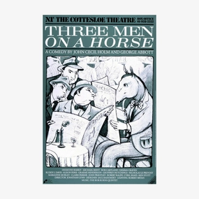 Three Men on a Horse 1987 Print vintage woodcut wallpaper