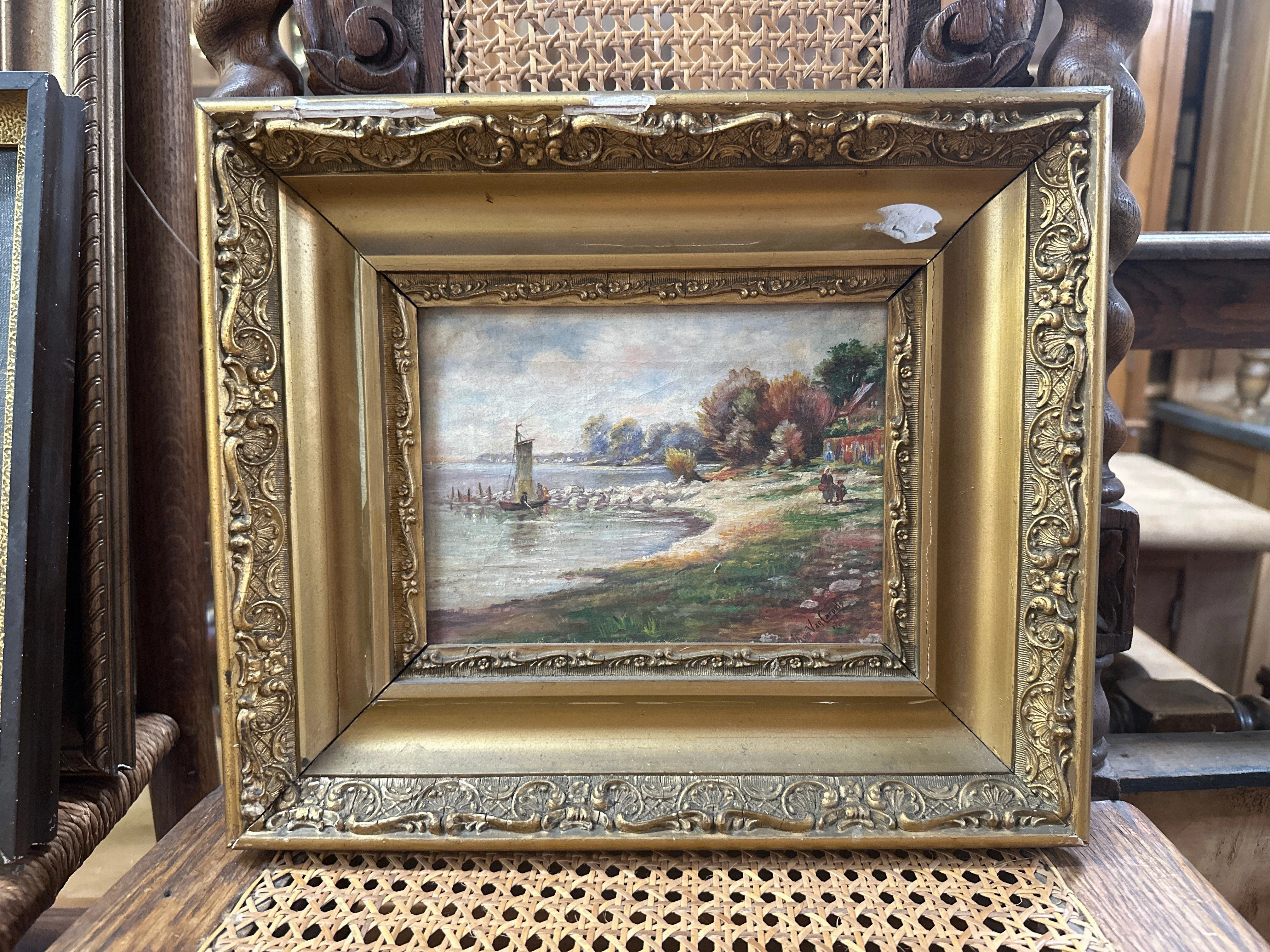 TINY GILT FRAMED LANDSCAPE OIL PAINTING AS FOUND classic mural painting