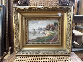 TINY GILT FRAMED LANDSCAPE OIL PAINTING AS FOUND classic mural painting