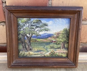 TINY OIL PAINTING OF BARN AND TREES classic mural painting
