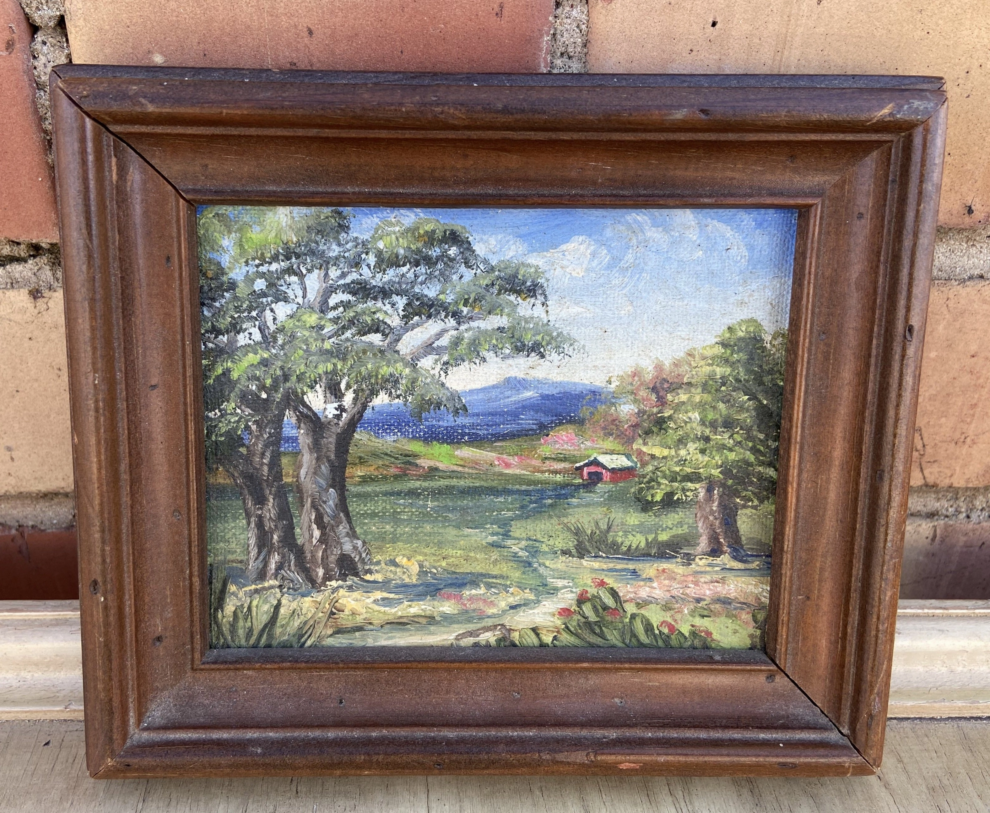 TINY OIL PAINTING OF BARN AND TREES classic mural painting