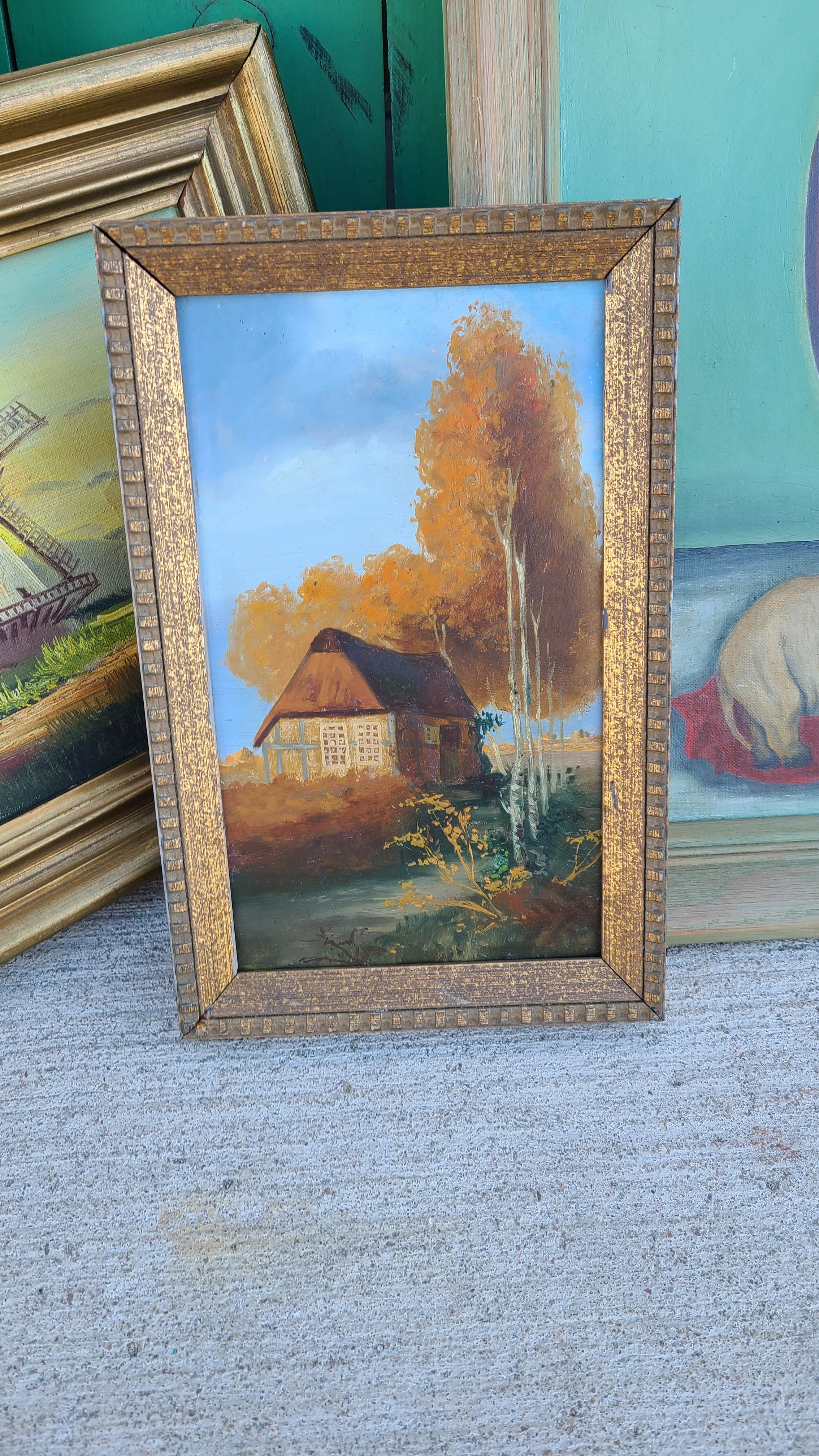 TINY OIL PAINTING OF THATCHED ROOF HOUSE classic mural painting