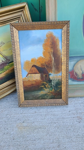 TINY OIL PAINTING OF THATCHED ROOF HOUSE classic mural painting