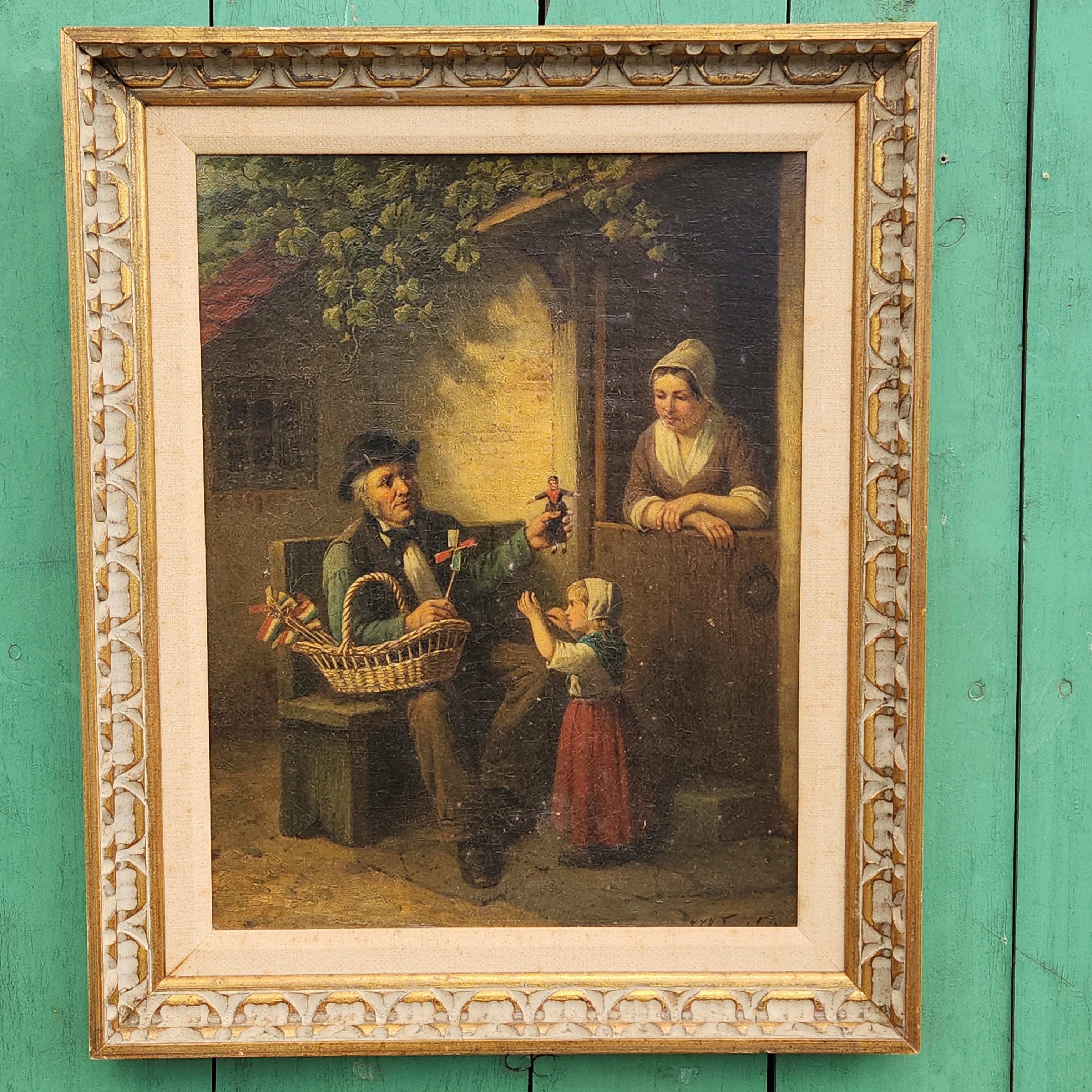 TOY VENDOR WITH CHILD AND WOMAN OIL PAINTING